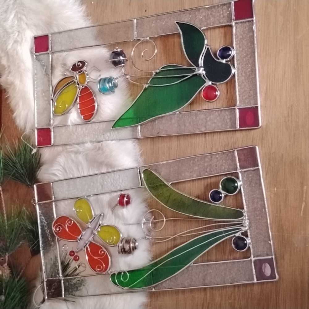 . Vintage Stained Glass Window Panels - Hanging Glass Sun Catchers with Floral F